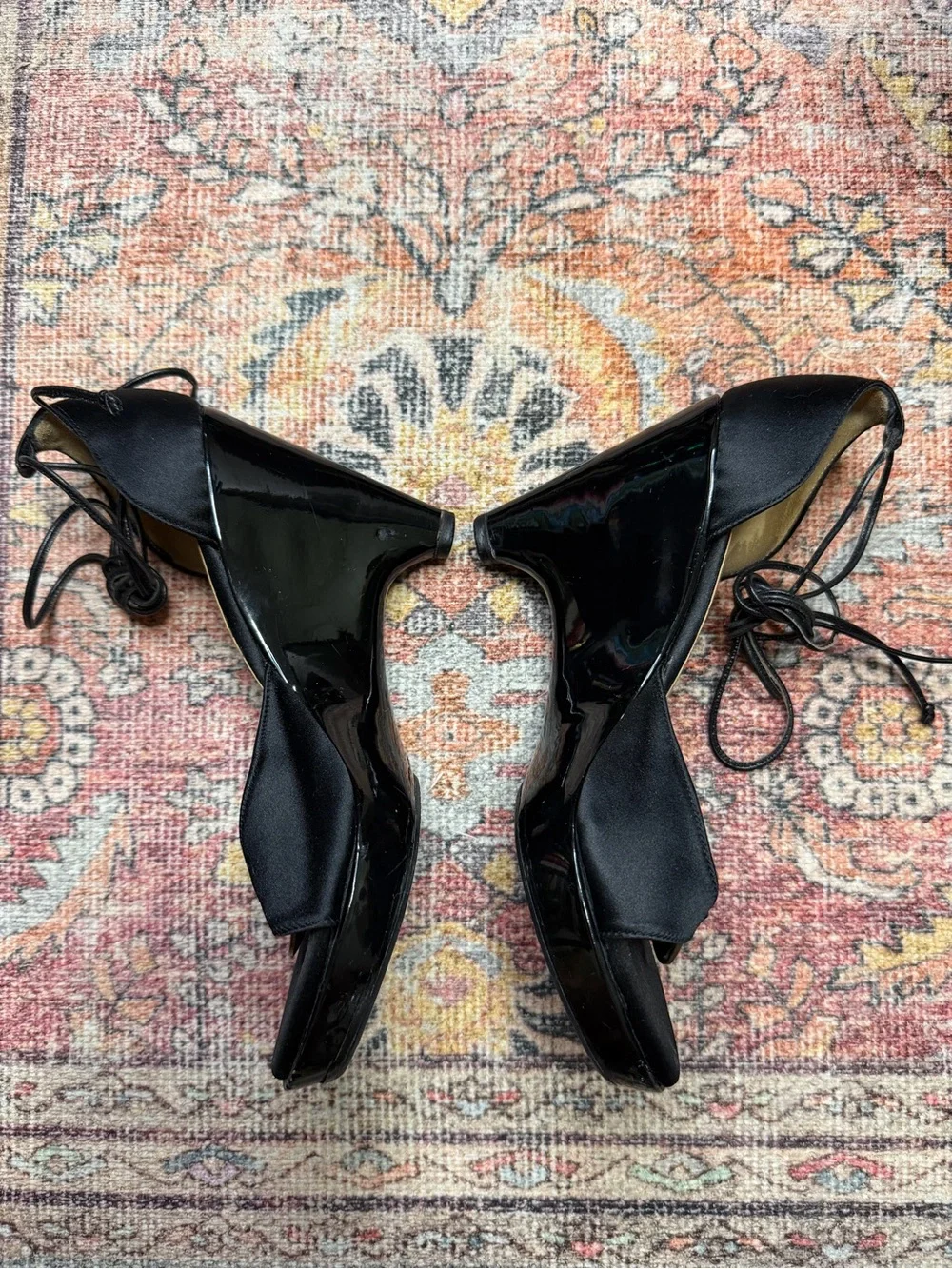 CHANEL 2003 Cruise Collection Black Satin & Patent Leather Lace-Up Wedge Sandals